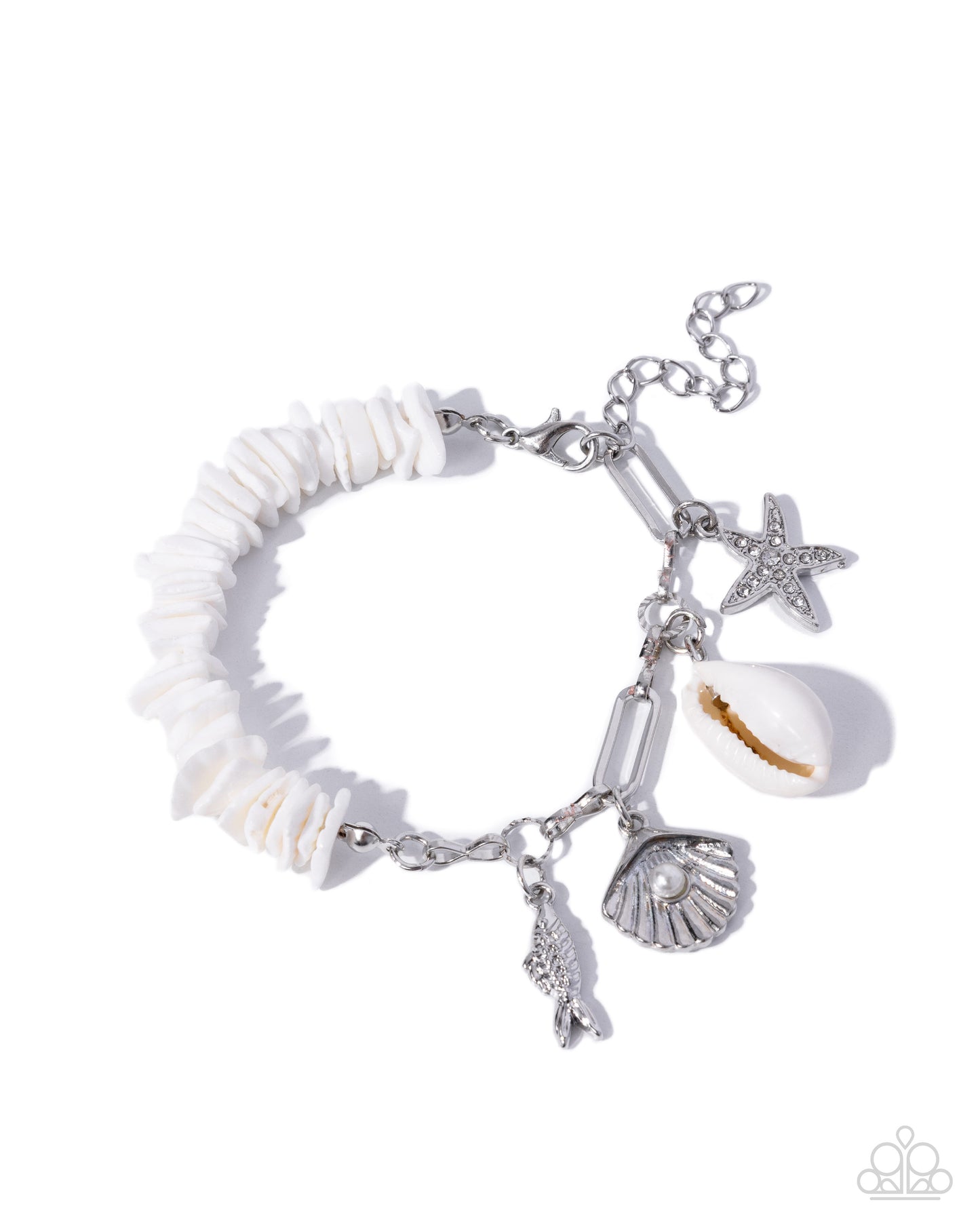 Paparazzi Seaside Shells - White Shell, Silver Oyster & Fish Ocean Inspired Charm Bracelet B2644