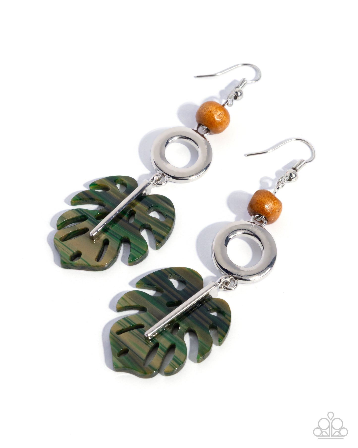 Paparazzi Cabana Cruise - Green Acrylic Palm Leaf Silver Earring
