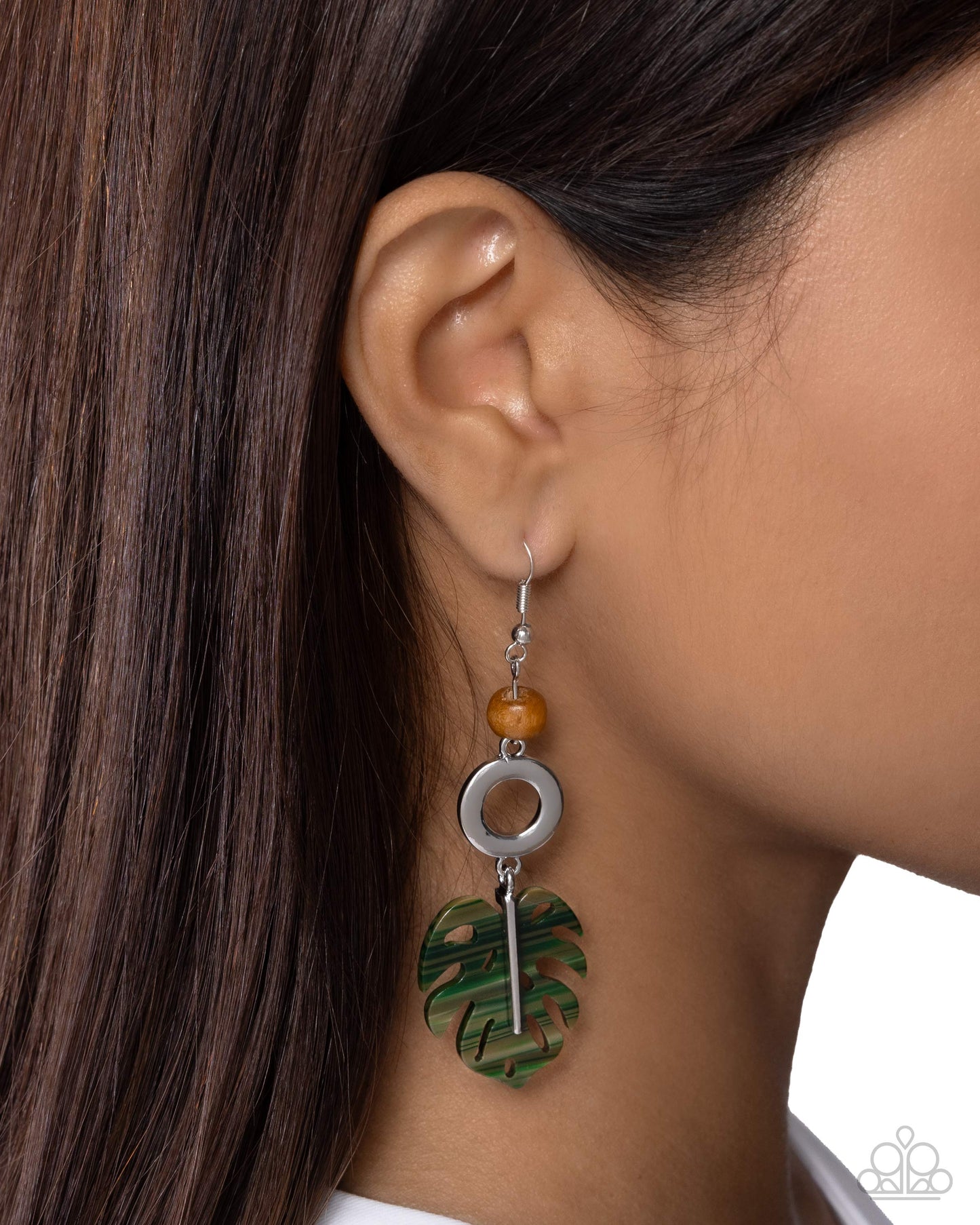Paparazzi Cabana Cruise - Green Acrylic Palm Leaf Silver Earring
