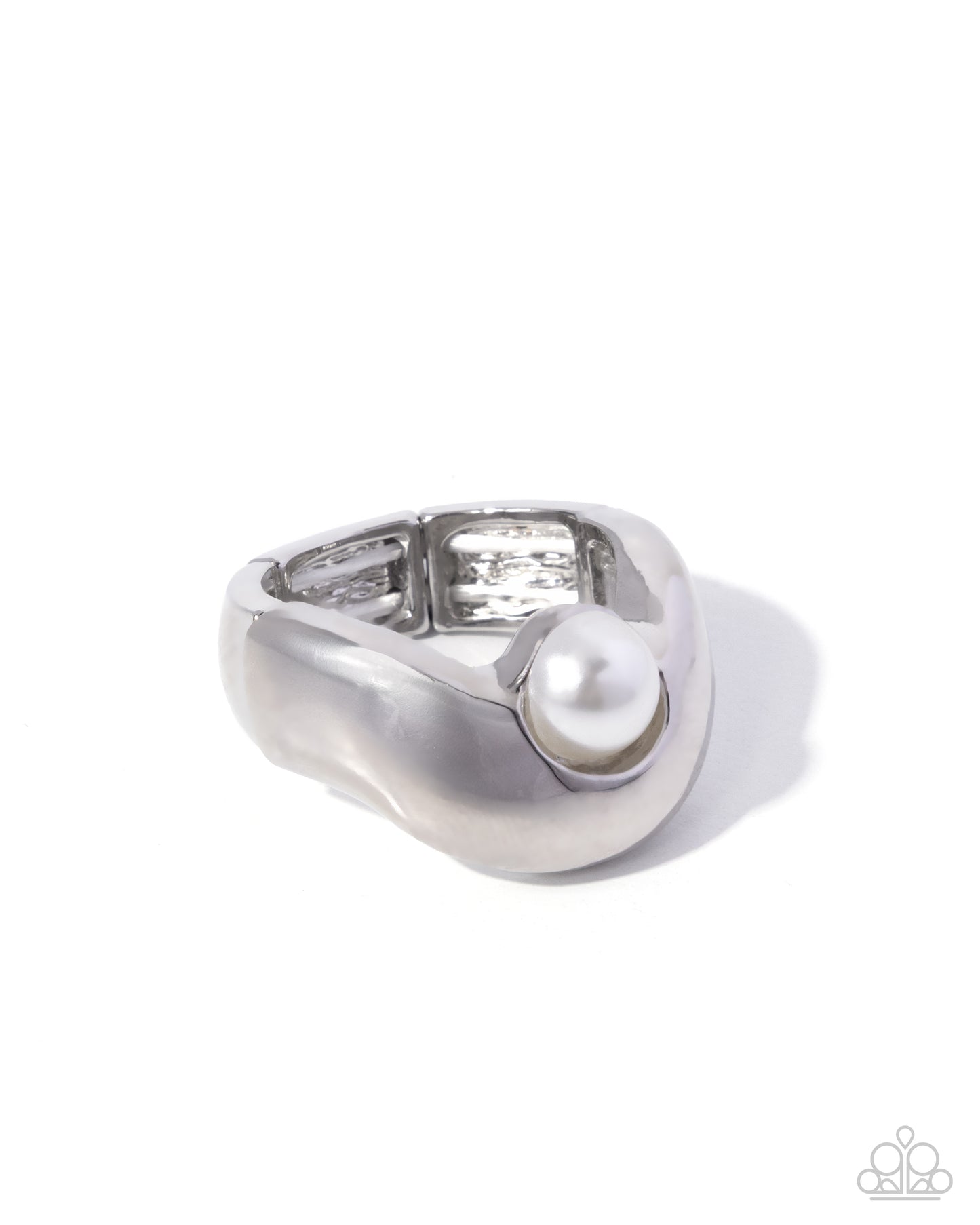 Paparazzi Abstract Attribute - White Pearl Bead Silver Spiraled Ring R1394