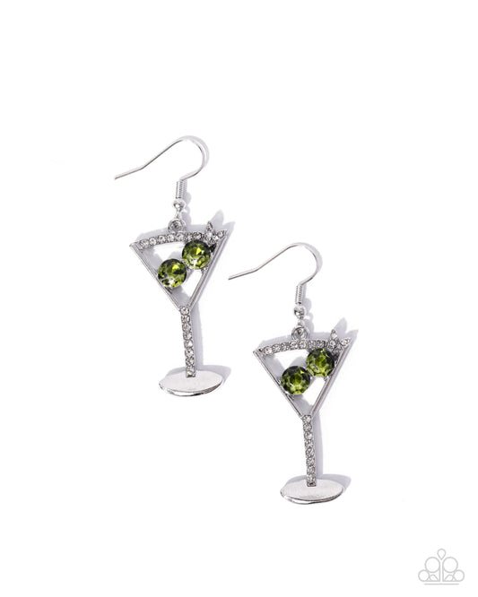 Paparazzi Memorable Martini - Green & White Rhinestone Martini Glass Earring E0031