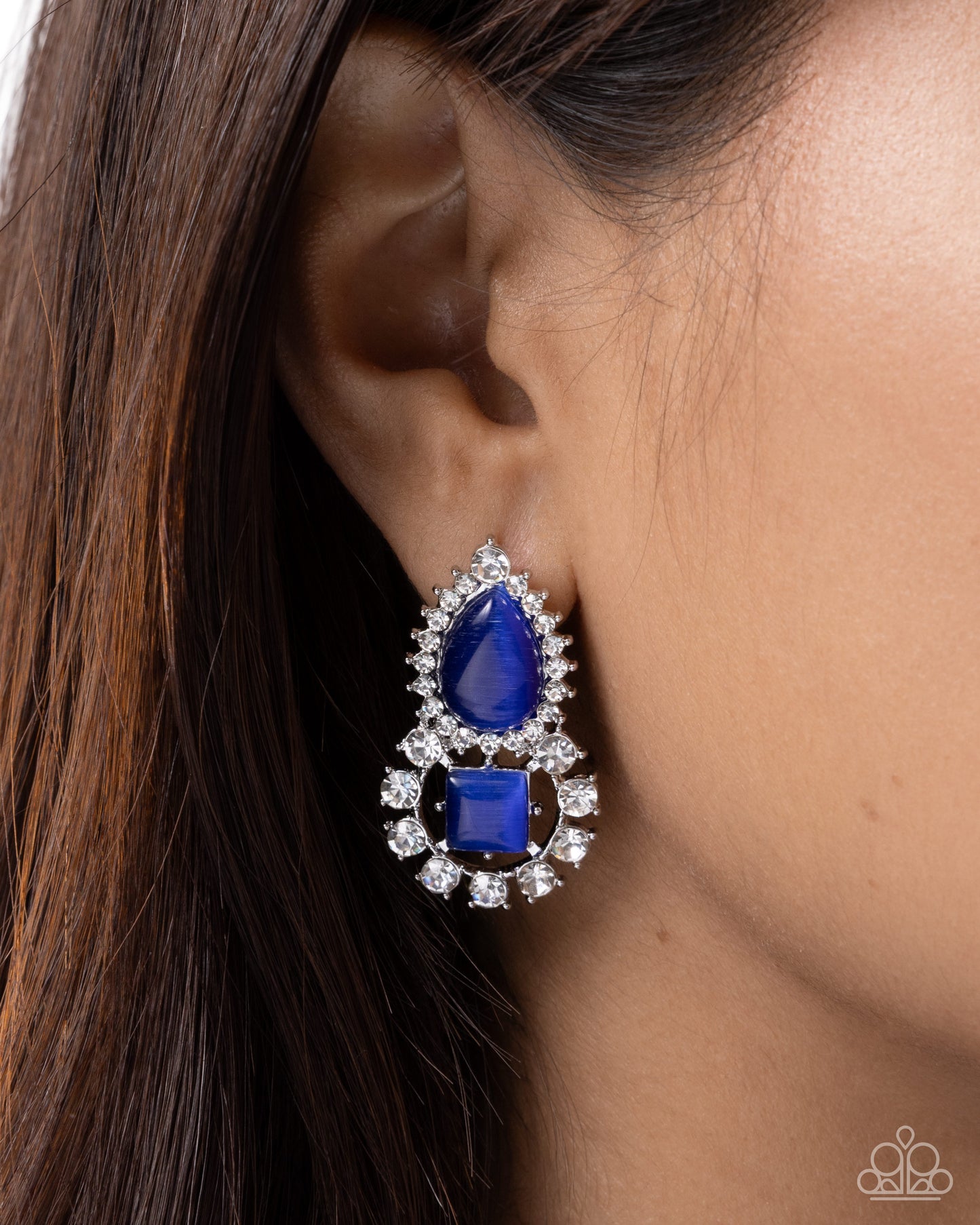 Paparazzi Fine Framing - Blue Cat's Eye Teardrop & White Rhinestone Post Earring