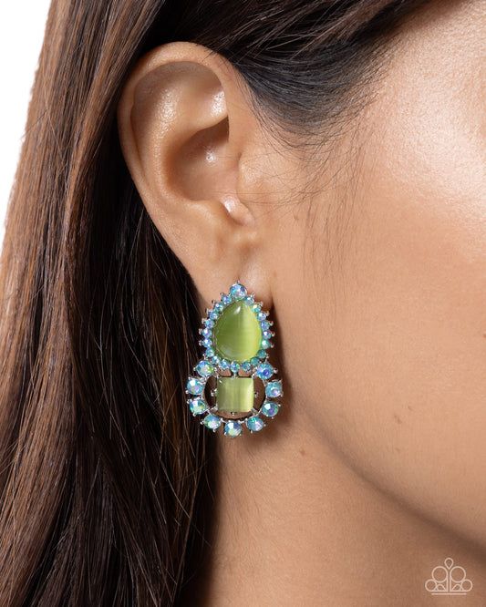 Paparazzi Fine Framing - Green Cat's Eye Teardrop & Blue Aquamarine Rhinestone Earring