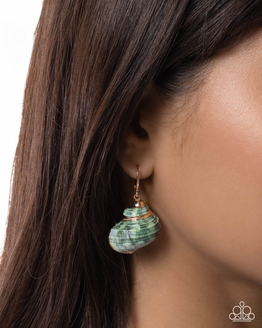 Paparazzi Seashell Spotlight - Green Swirled Seashell Gold 1/2 Inch Hoop Earring