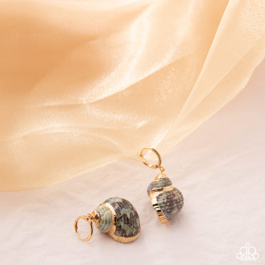 Paparazzi Seashell Spotlight - Green Swirled Seashell Gold 1/2 Inch Hoop Earring