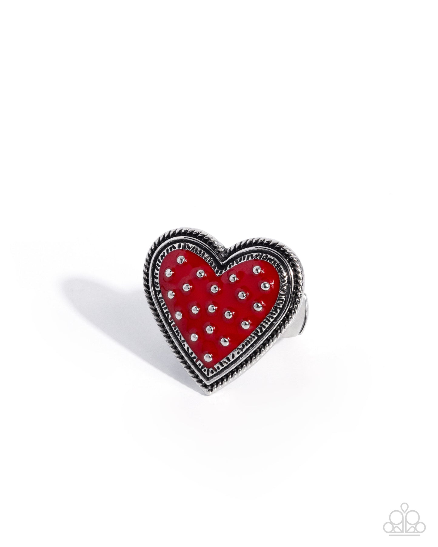 Paparazzi Painted Production - Red Painted Silver Studded Heart Ring R1325