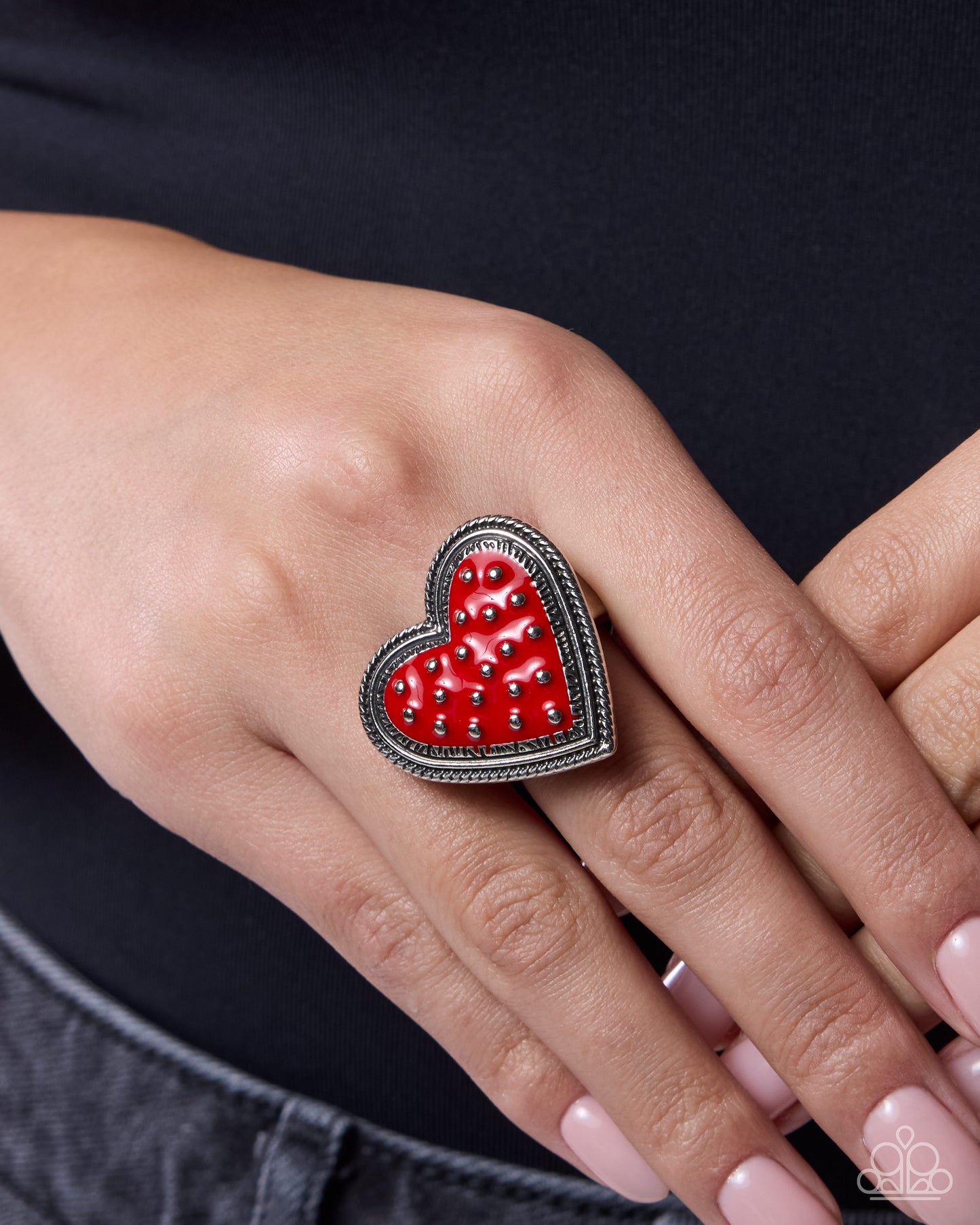 Paparazzi Painted Production - Red Painted Silver Studded Heart Ring R1325