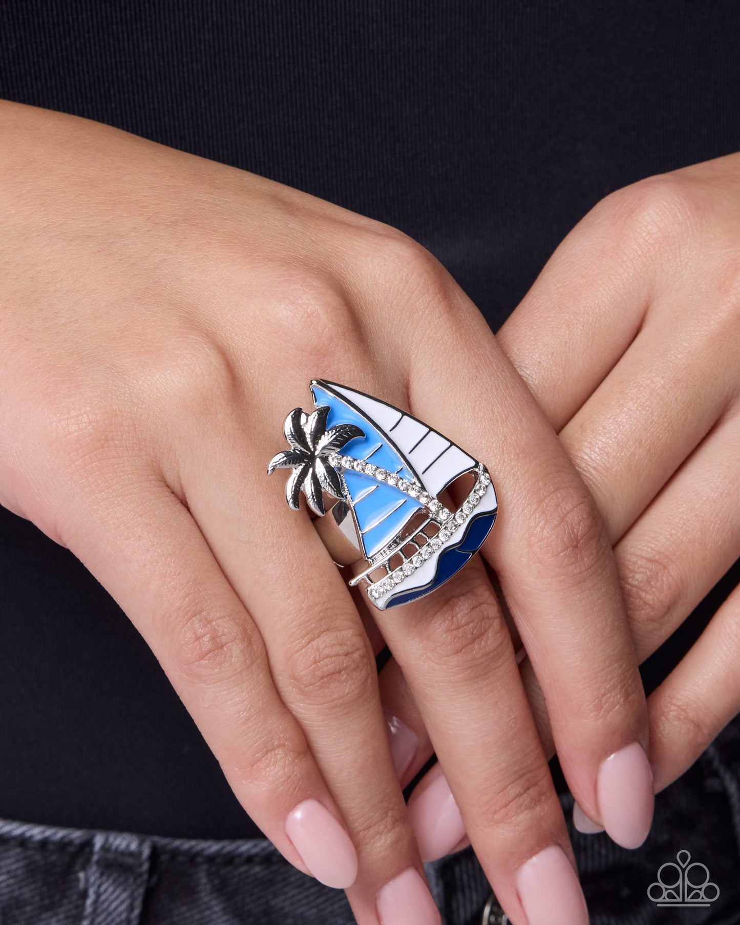Paparazzi Sailboat Show - Blue & White Sailboat White Rhinestone Ring