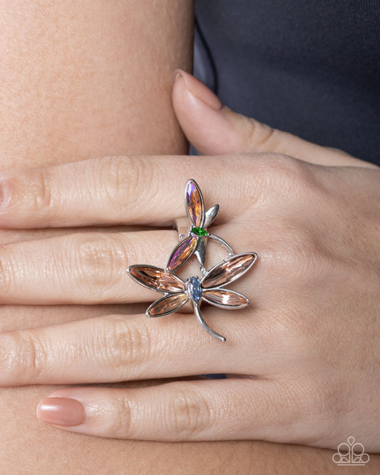 Paparazzi Darling Dragonfly - Orange, Peach, Emerald Gem Silver Dragonfly Ring