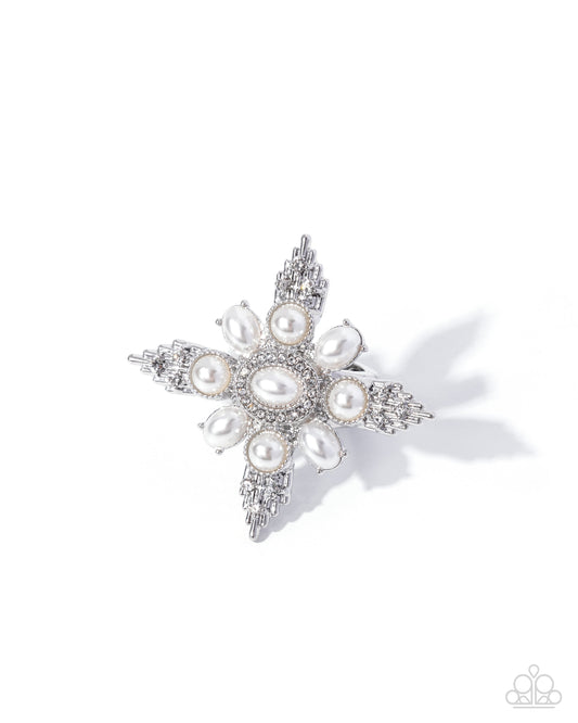 Paparazzi Opulent Obsession - White Rhinestone, Pearl Silver Cross Style Ring