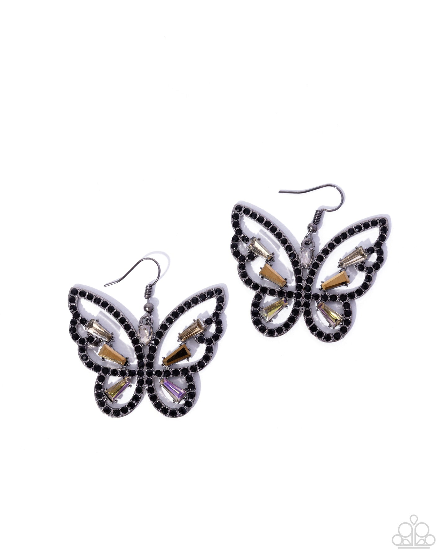 Paparazzi Fair Flutter - Black Rhinestone, Aurum, Champagne, Smoky & UV Gem Butterfly Earring E3395