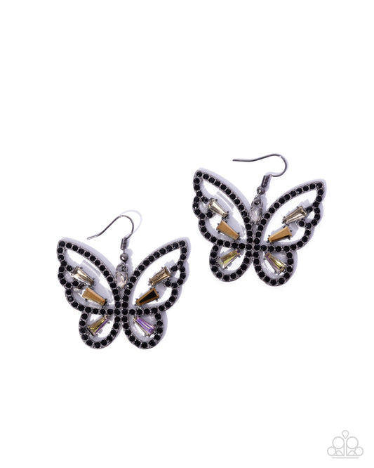 Paparazzi Fair Flutter - Black Rhinestone, Aurum, Champagne, Smoky & UV Gem Butterfly Earring E3395