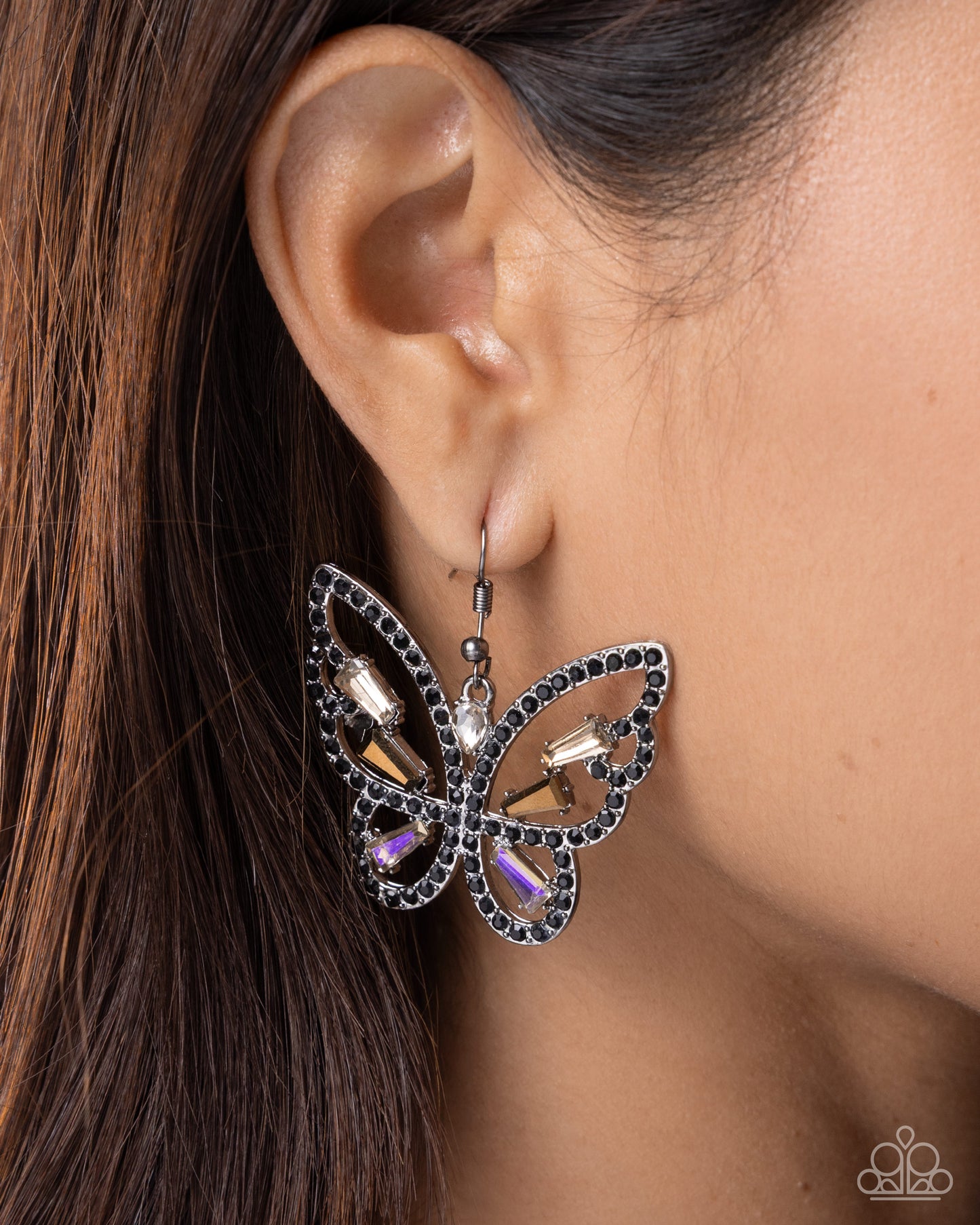 Paparazzi Fair Flutter - Black Rhinestone, Aurum, Champagne, Smoky & UV Gem Butterfly Earring E3395
