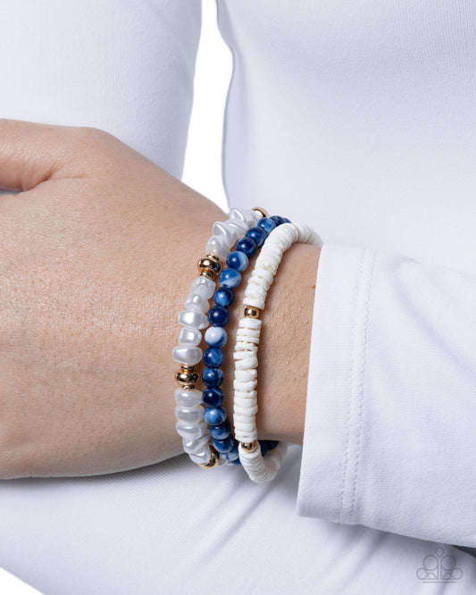 Paparazzi Sensible Shells - Blue Acrylic Bead & White Shell, White Pearl Set Of 3 Stretch Bracelets B2741