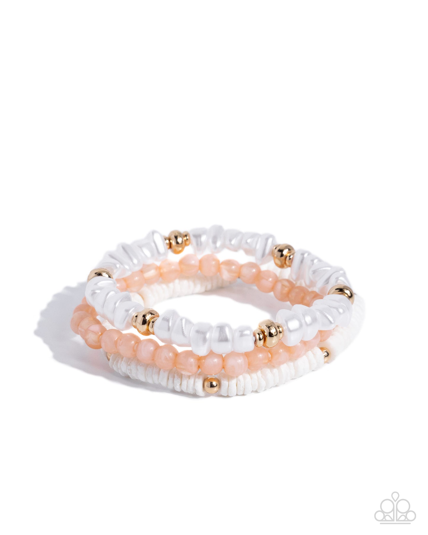Paparazzi Sensible Shells - Orange Bead, White Pearl, Gold Pebble & Natural White Shell Set Of 3 Stretch Bracelets B2505