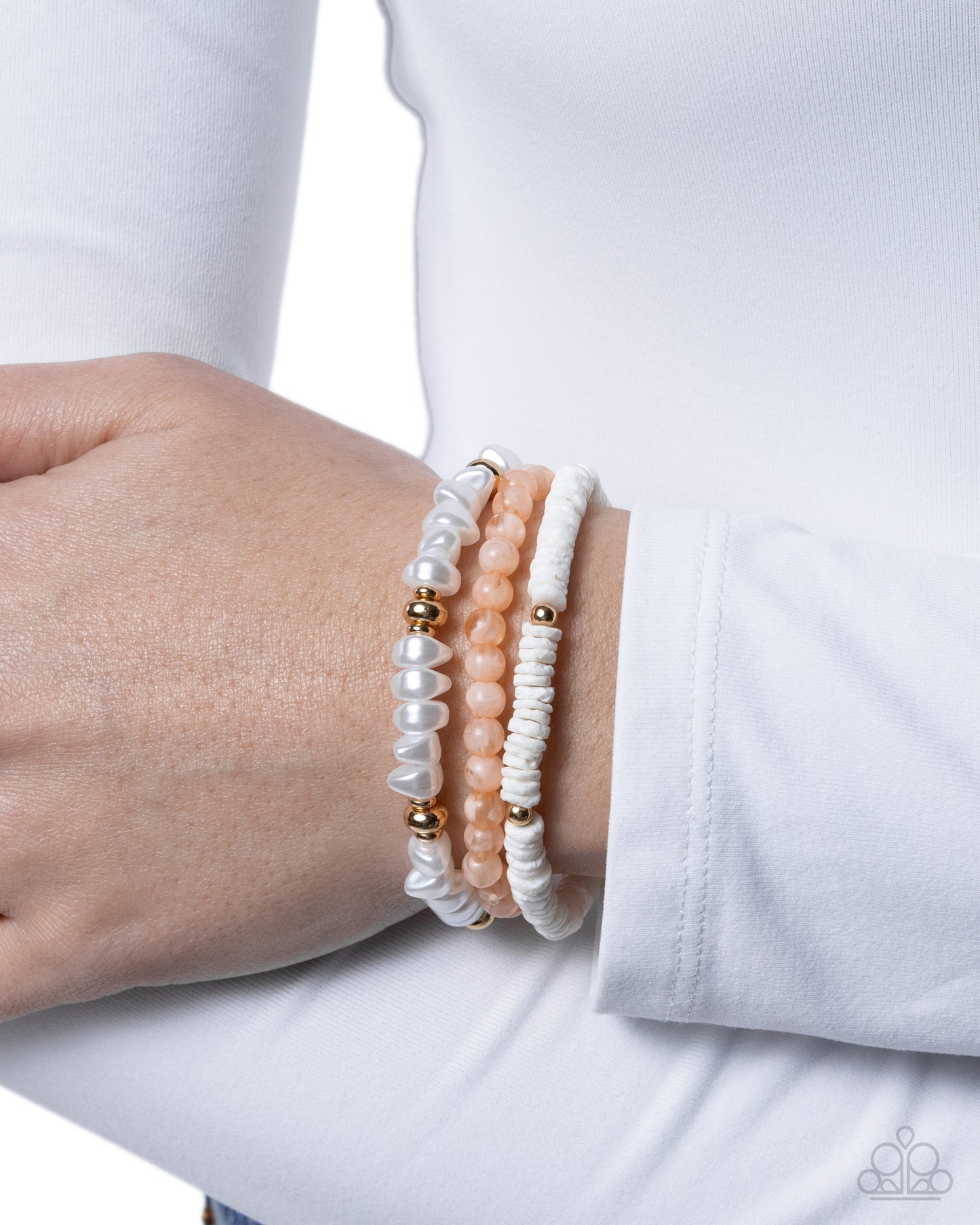 Paparazzi Sensible Shells - Orange Bead, White Pearl, Gold Pebble & Natural White Shell Set Of 3 Stretch Bracelets B2505