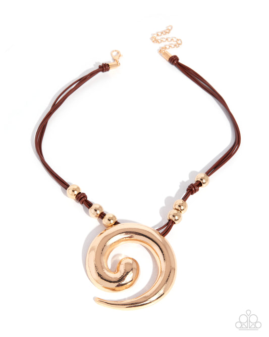 Paparazzi Sincere Spiral - Brown Cord Gold Spiral Necklace
