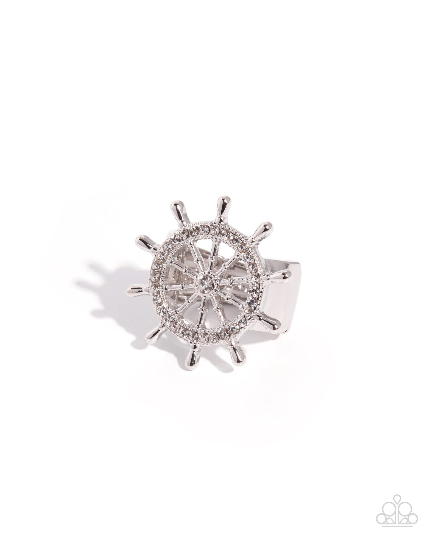 Paparazzi New Age Navigation - White Rhinestone Silver Ship's Wheel Ring