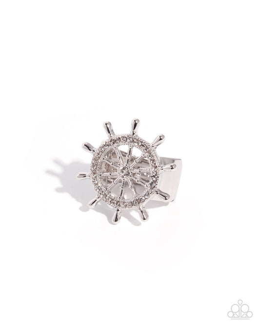 Paparazzi New Age Navigation - White Rhinestone Silver Ship's Wheel Ring