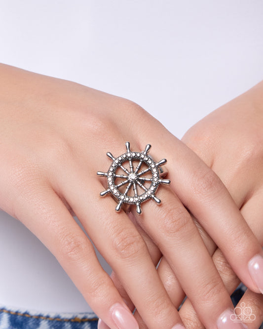 Paparazzi New Age Navigation - Silver Hematite & Smoky Rhinestone Ship's Wheel Nautical Ring R1399