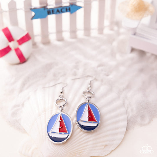 Paparazzi Sailing Lesson - Red, White, Blue Painted Sailboat Earring