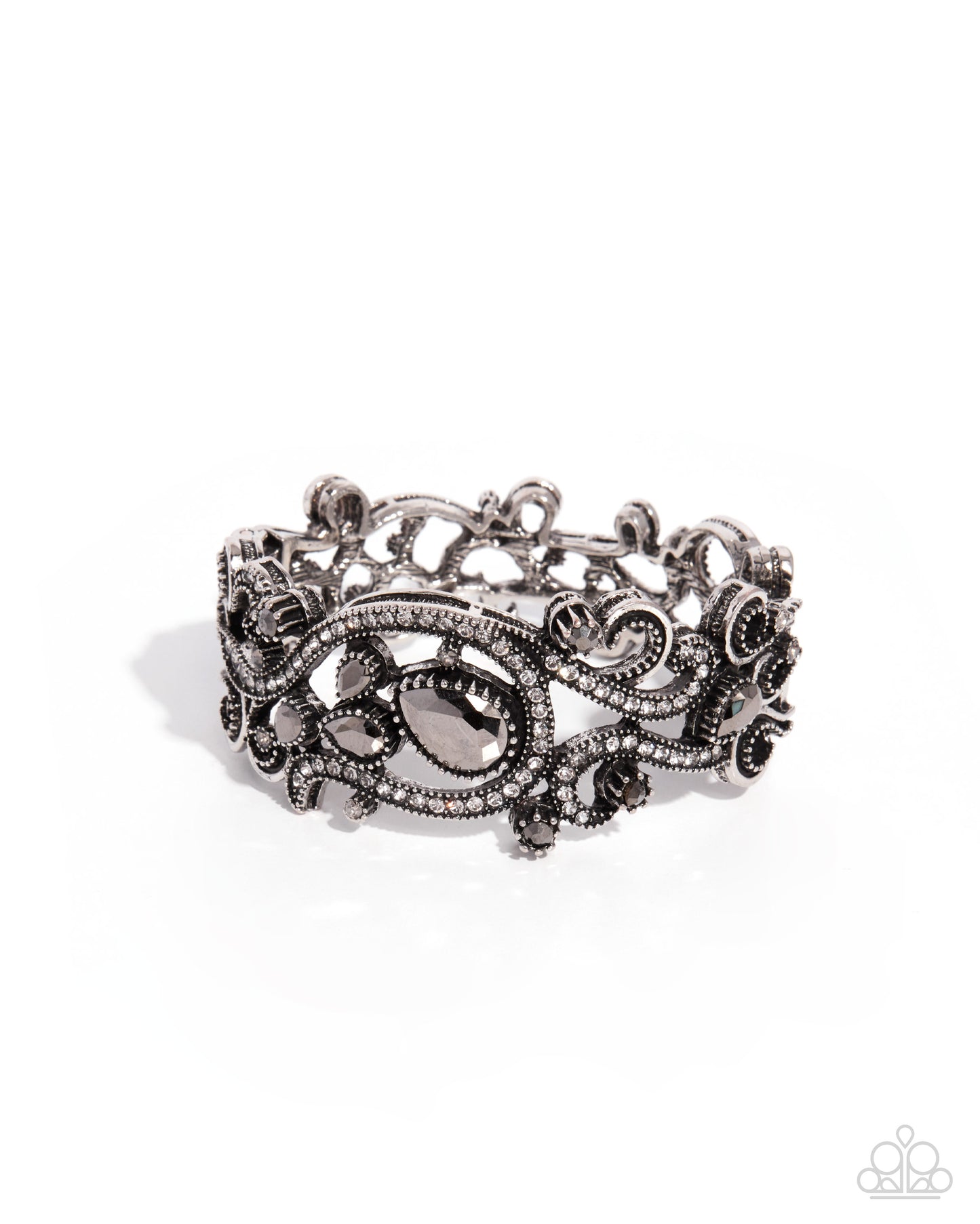Paparazzi Ornate Option - Silver, Hematite Gem & White Rhinestone Filigree Hinged Bracelet