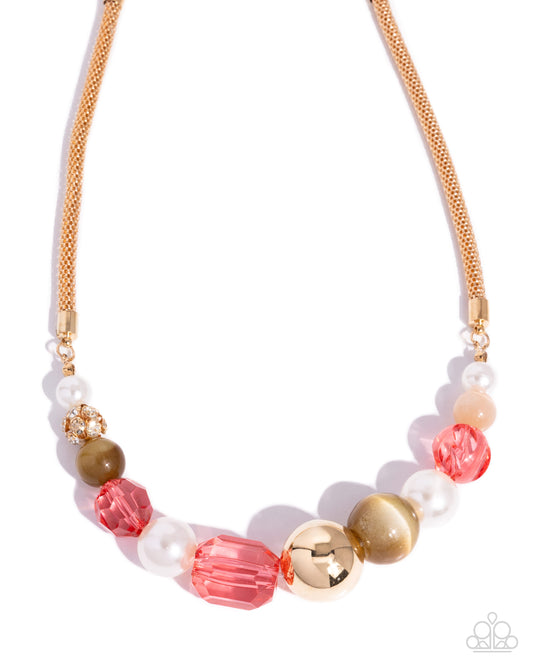 Paparazzi Memorable Mischief - Pink Tea Rose, White Pearl Bead Gold Necklace