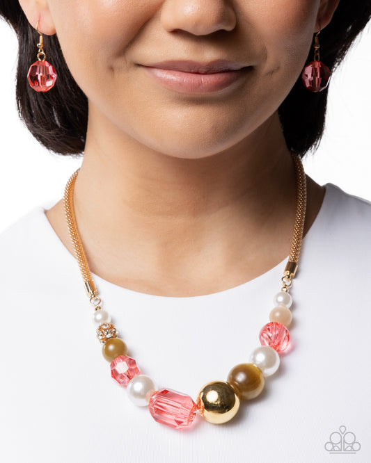 Paparazzi Memorable Mischief - Pink Tea Rose, White Pearl Bead Gold Necklace