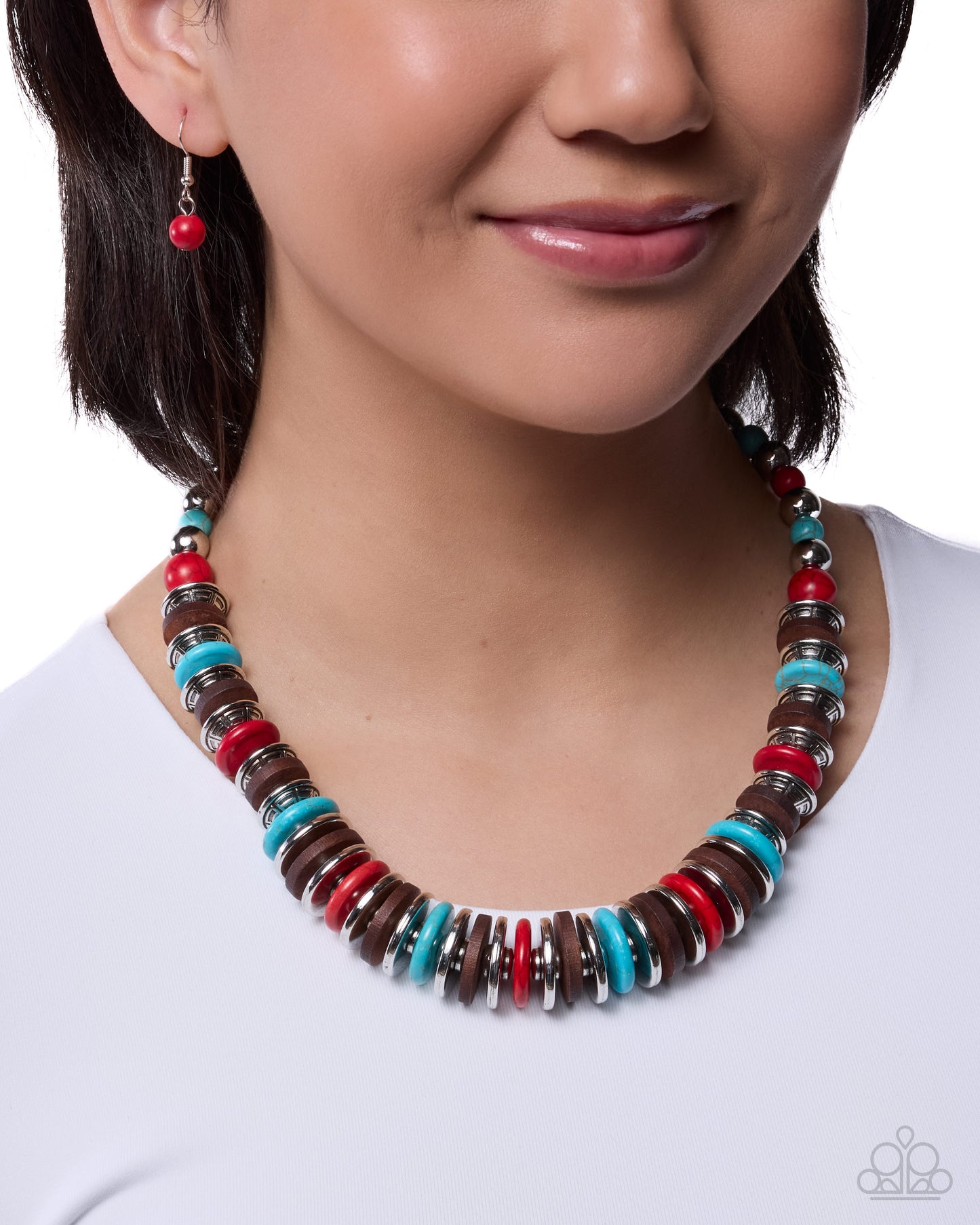 Paparazzi Rustic Release - Red Marbled, Turquoise & Brown Wood Bead Santa Fe Style Necklace