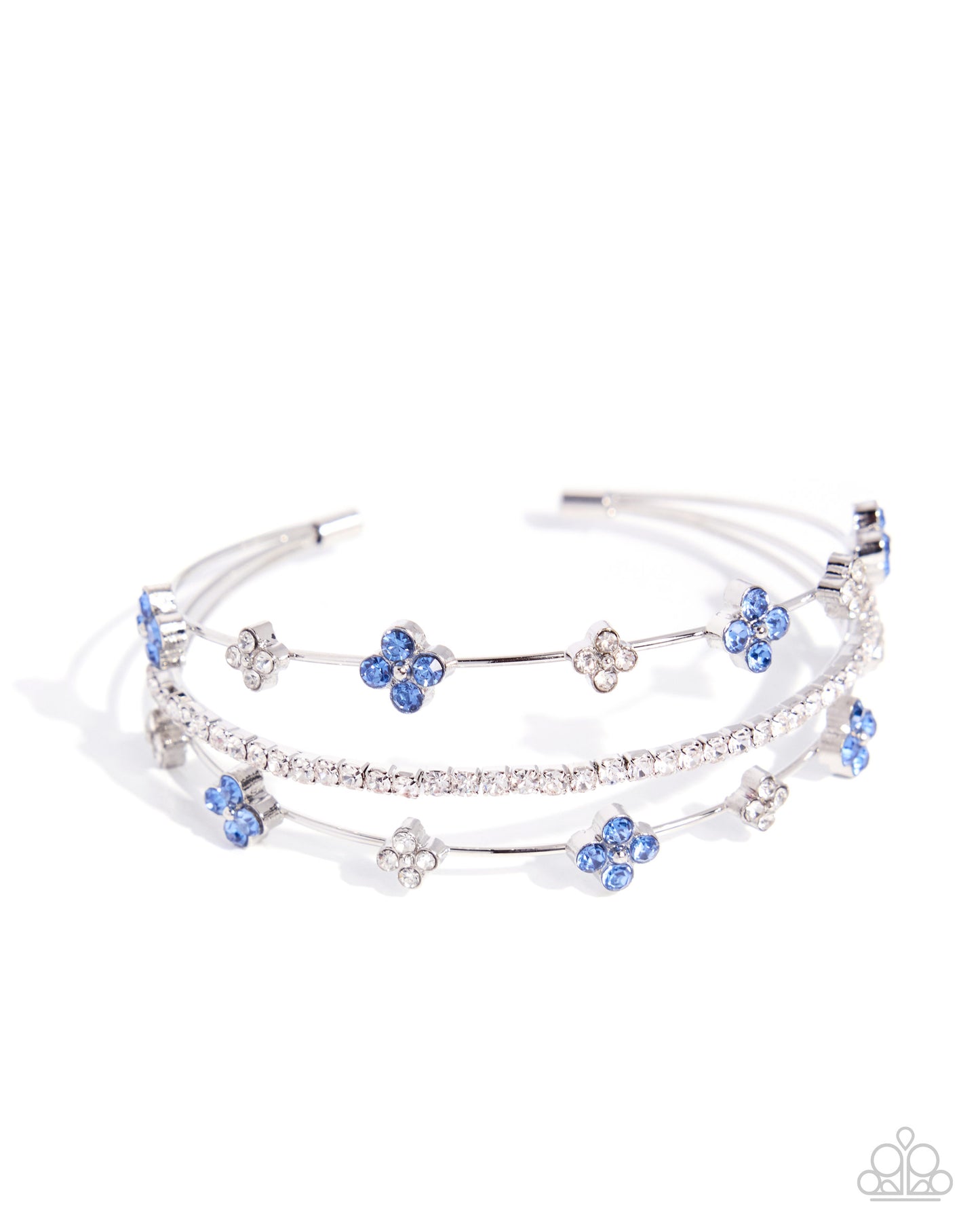 Paparazzi Layered Blooms - Blue Light Sapphire Rhinestone Flower Silver Cuff Bracelet B2770