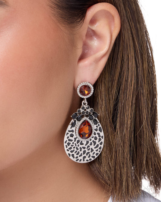 Paparazzi Trendy Touch - Brown Tea Gem Silver Cheetah Animal Print Earring