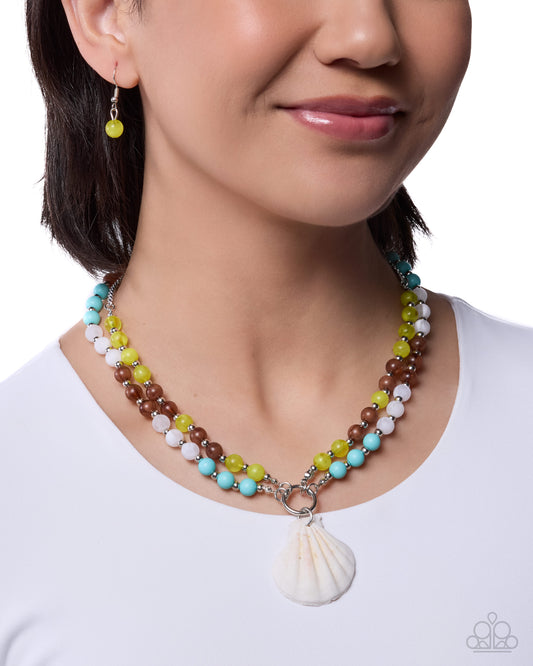 Paparazzi Calmly Coastal - Green, Brown, White Tiffany Bead White Seashell Necklace
