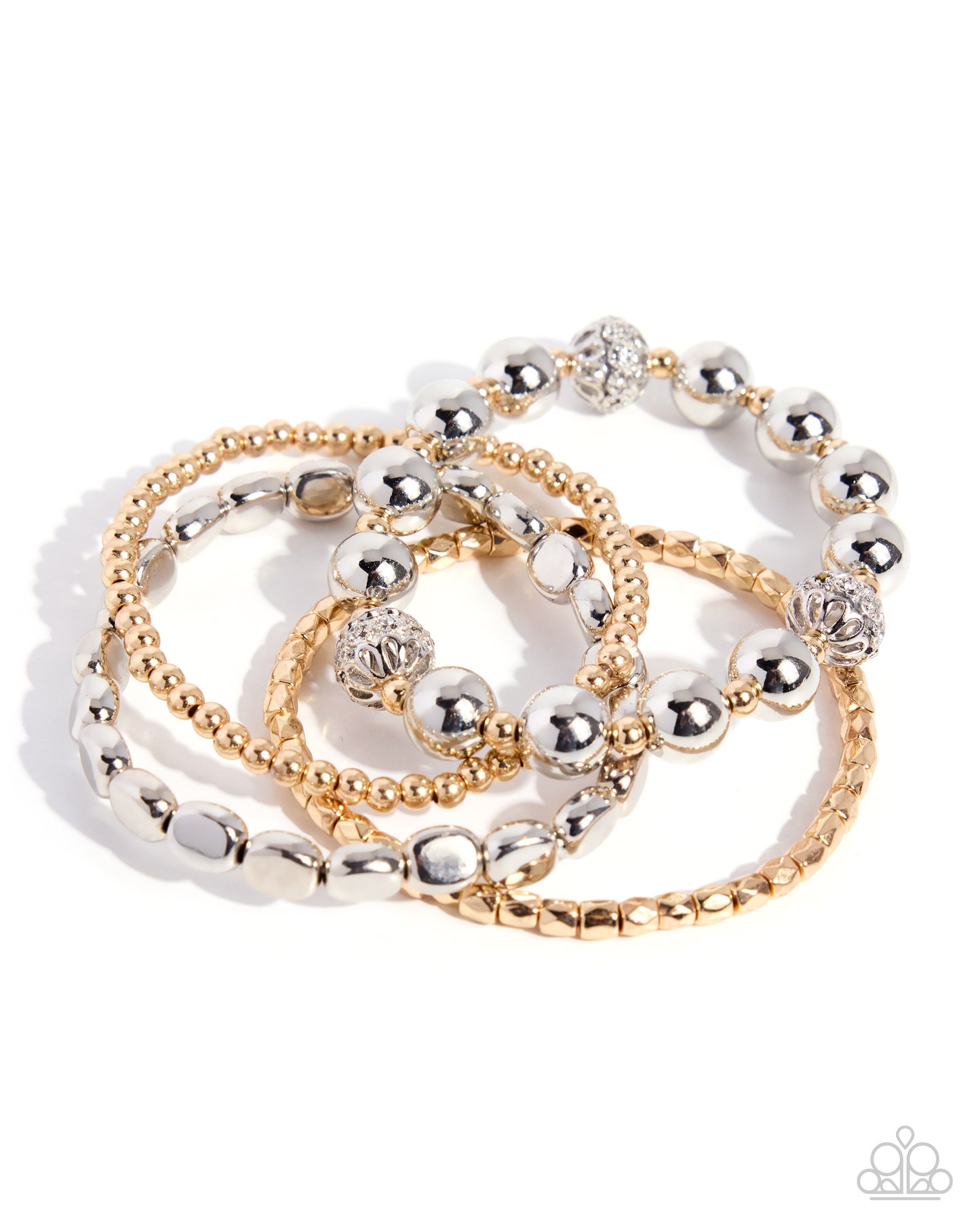 Paparazzi Edgy Element - Multi Silver & Gold Bead Set Of 4 Stretch Bracelets B1928