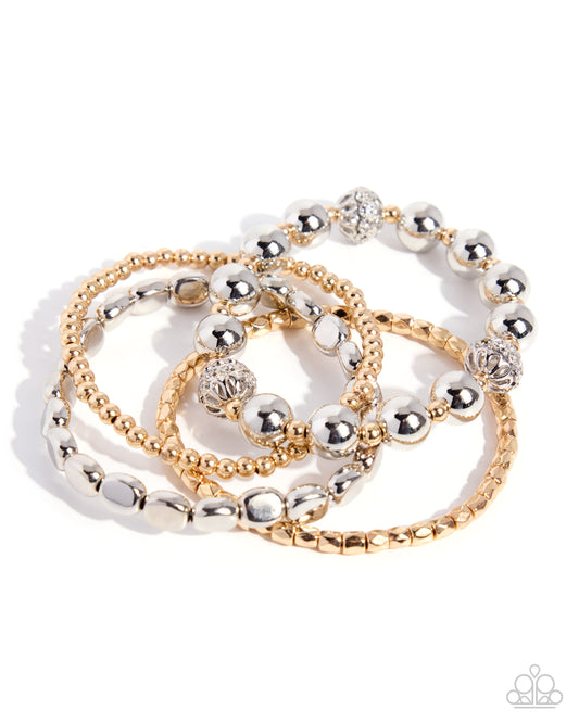 Paparazzi Edgy Element - Multi Silver & Gold Bead Set Of 4 Stretch Bracelets B1928