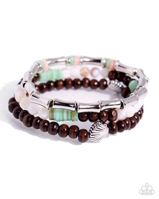 Paparazzi Bamboo Ballad - Green, White, Hot Pink Shells & Wood Bead Set Of 3 Bracelets B2292