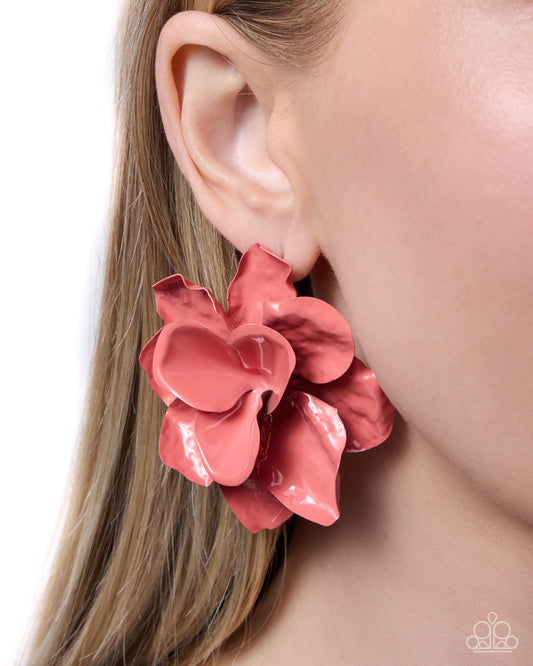 Paparazzi Petaled Pitch - Pink Hammered Tea Rose Floral Post Earring