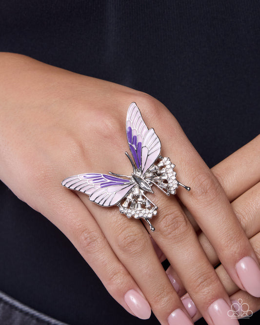 Paparazzi Fluttering Fusion - Purple & White Rhinestone Oversized Butterfly Ring