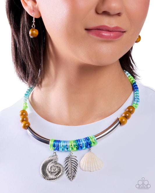 Paparazzi Coastal Calm - Green, Blue Knotted Cording Silver Seashell Nautical Style Necklace N2561