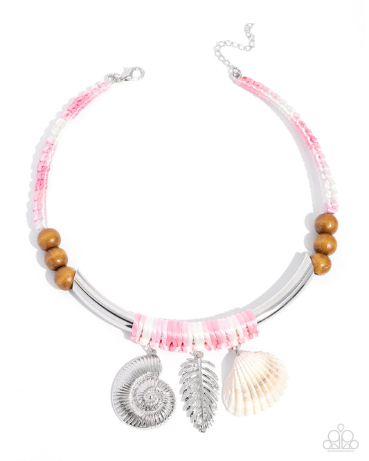 Paparazzi Coastal Calm - Pink Knotted Cording, Silver Seashell Beach Style Collar Necklace