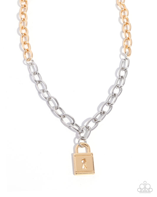 Paparazzi Leading Lock - Multi Silver & Gold Cable Chain Lock Pendant Necklace