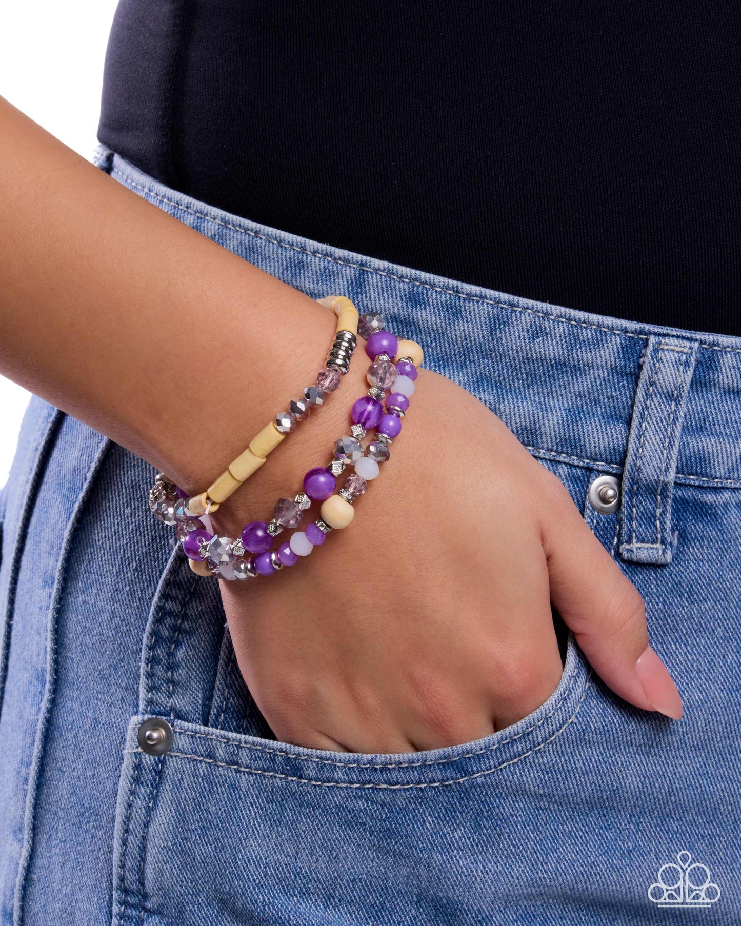 Paparazzi Standout Stack - Purple Lilac, Yellow Wood, Silver Bead Set Of 3 Stretch Bracelets