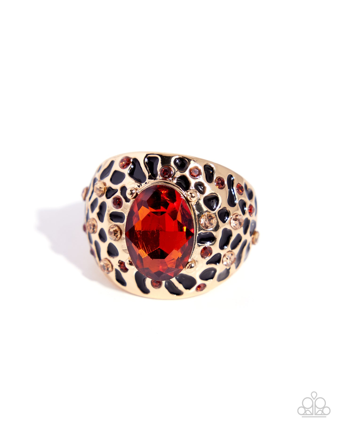 Paparazzi Spotted Season - Brown Tea & Light-Colored Topaz Rhinestone Gold Cheetah Animal Print Ring