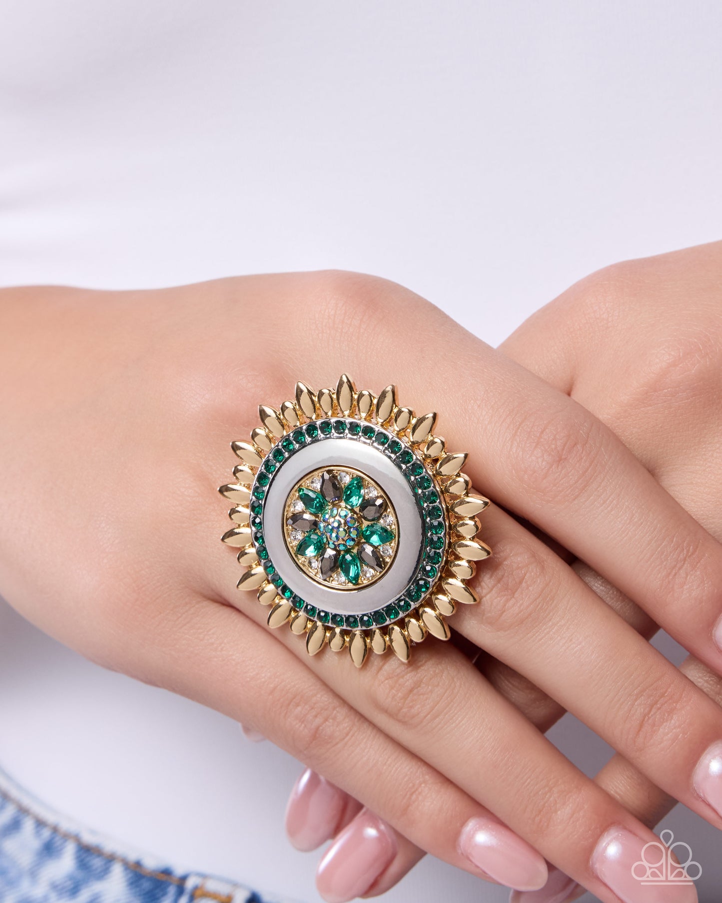 Paparazzi Twinkly Truth - Green Emerald, Smoky Gem & Gold Oversized Statement Ring
