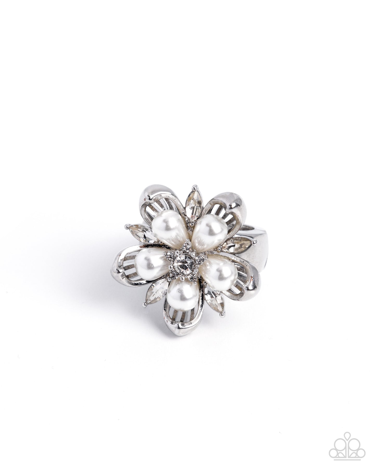 Paparazzi Giving Glitz - White Pearl Silver Flower Ring