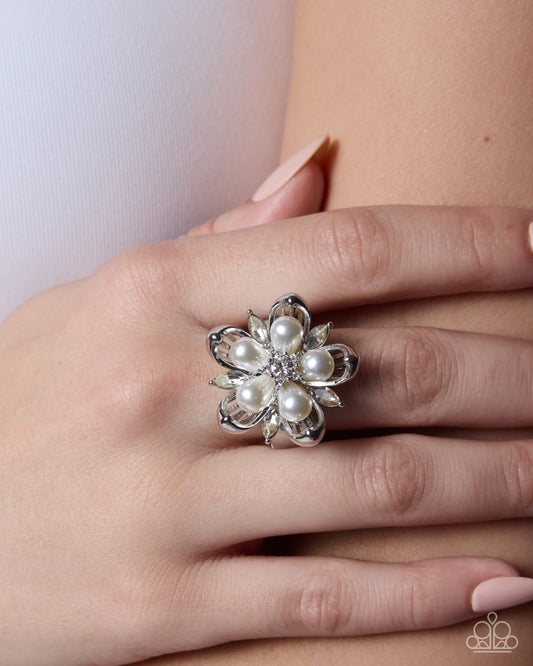 Paparazzi Giving Glitz - White Pearl Silver Flower Ring