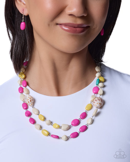 Paparazzi Steady Shells - Pink - Hot Pink, White, Light Blue, Yellow Bead & Natural Shell Necklace