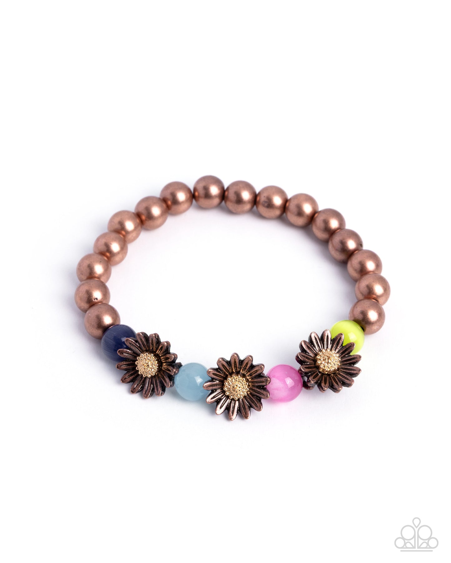 Paparazzi Blending Blooms - Copper Flowers, White Rhinestone Center & Multicolored Cat's Eye Bead Stretch Bracelet
