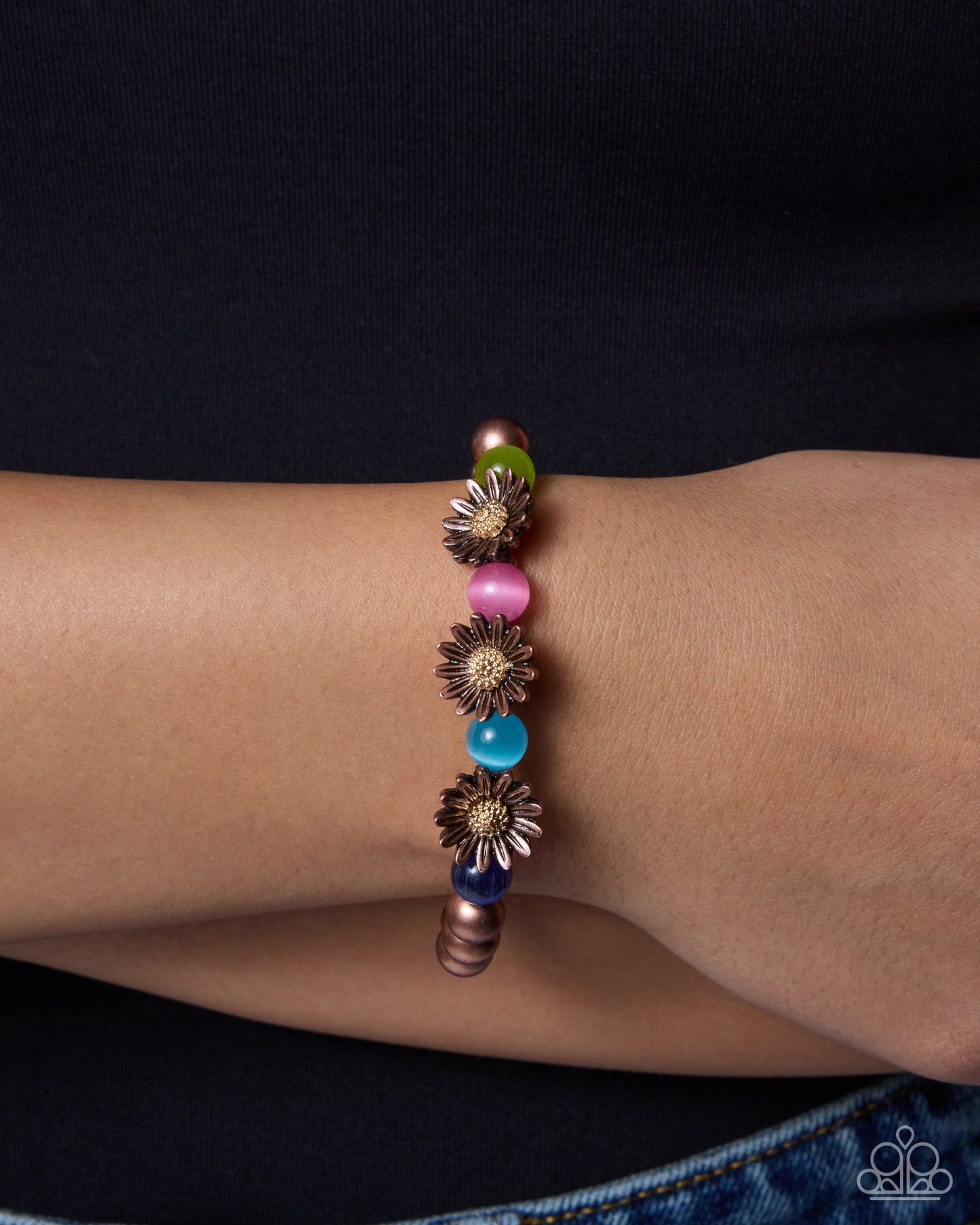 Paparazzi Blending Blooms - Copper Flowers, White Rhinestone Center & Multicolored Cat's Eye Bead Stretch Bracelet