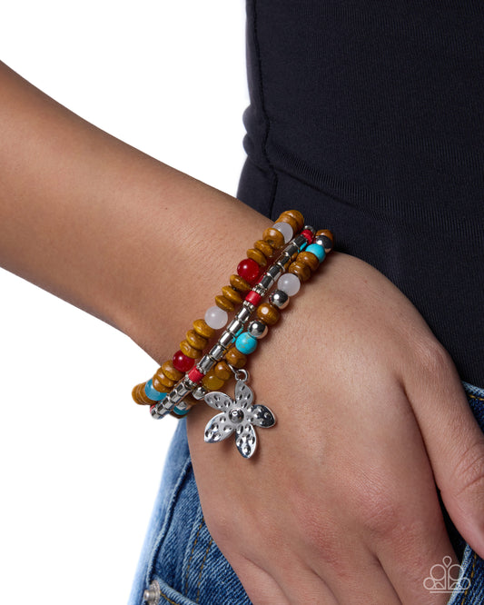 Paparazzi Preferred Polish - Red, Wood Bead, Silver Accent Set Of 3 Stretch Bracelets B2537