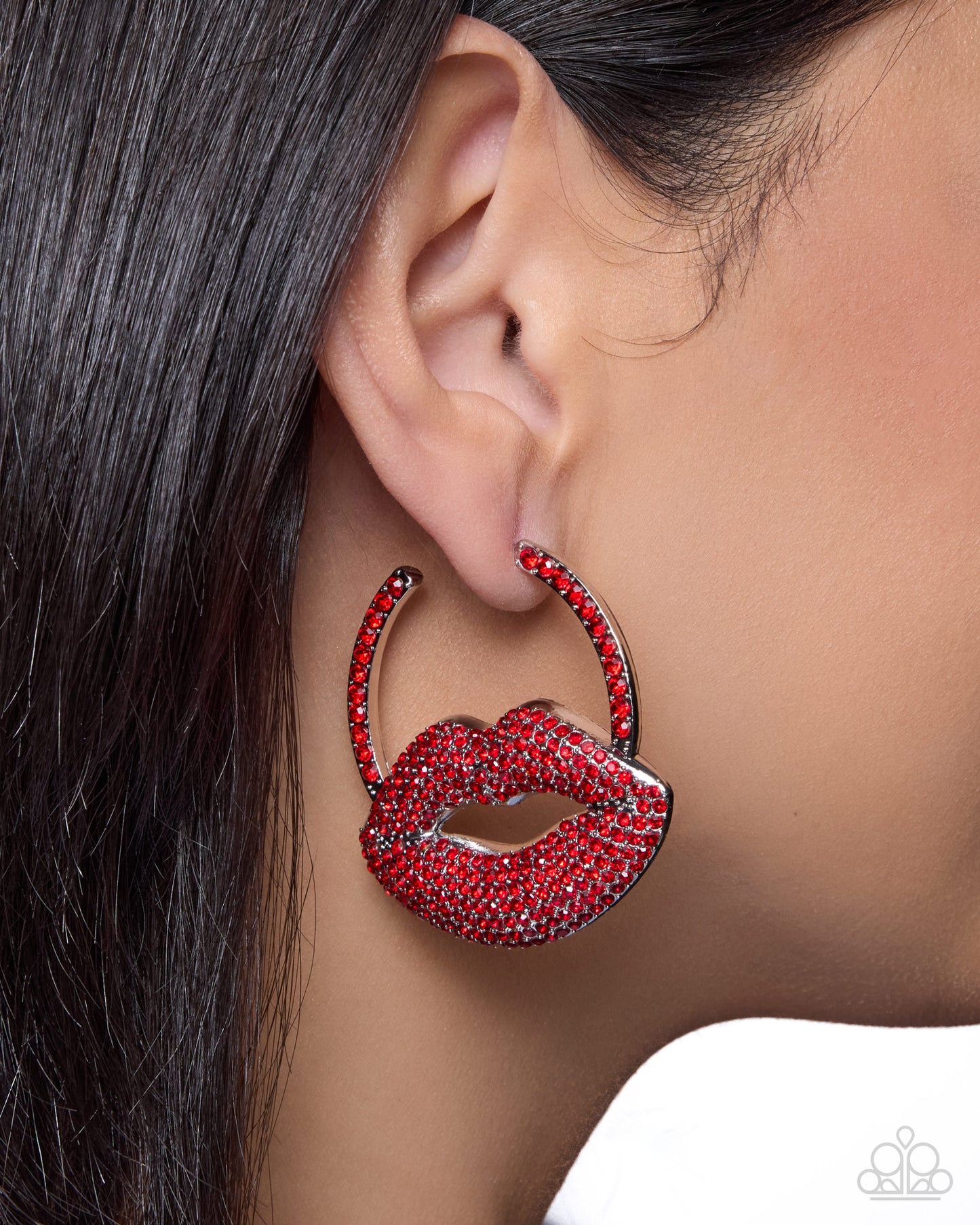Paparazzi Valentines Date - Red Rhinestone Silver Lip 1 1/2 Inch Hoop Earring